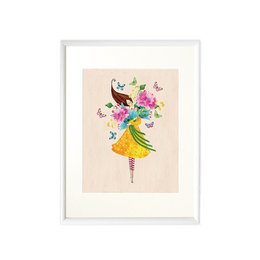 Colorful abstract wall art depicting a whimsical figure surrounded by butterflies and floral elements. The artwork features a vibrant, playful style with a focus on shape, color, and movement.