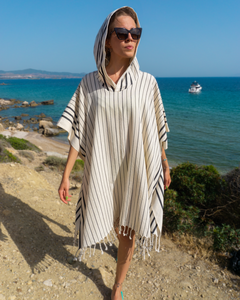 SERENITY Women Hooded Cotton Beach, Pool, Spa & Sauna Poncho, Changing Towel – Stripe Black (with Recycled Gift Box)