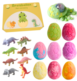  "Colorful dinosaur-themed bath bombs with hidden toys inside, perfect for a relaxing and fun bath time experience."