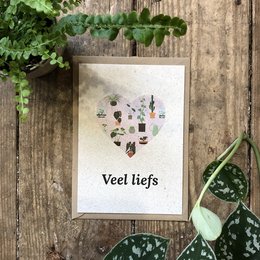 Postcard with a heart-shaped collage of various decorative elements, including flowers, leaves, and other nature-inspired motifs. The text "Veel liefs!" is displayed, which translates to "Much love!" in English.