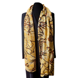  Gold scarf with black mythological line art patterns, elegant abstract design, versatile accessory.