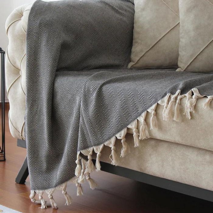 Coperta In Cotone Riciclato Herringbone - 127x152cm, Motivo A Spina Di Pesce, Multiuso - Foto 13