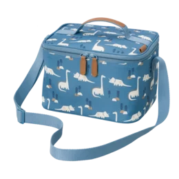 Large insulated cooler bag with dinosaur print, suitable for kids' lunch or snacks. Durable material, easy to carry with adjustable strap.