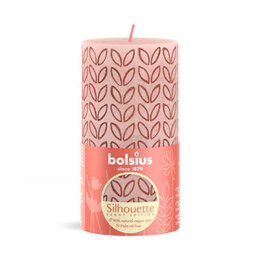  Bolsius printed candle 130/68 Misty Pink, a pillar candle with a floral leaf pattern in a soft pink color.