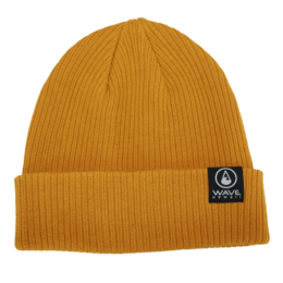  Mustard-colored organic cotton beanie with a small logo patch.