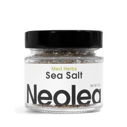 A jar of Neolea Sea Salt with Mediterranean herbs, featuring a new design. The sea salt is packaged in a clear glass jar with a black lid.