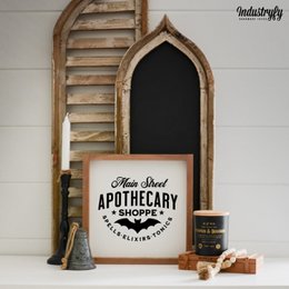 A rustic wooden sign with the text "Main Street Apothecary No2" and a vintage-style apothecary logo, displayed on a shelf with other decorative items like candles and a skull.