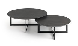 Round coffee table in oak or walnut wood, available in multiple sizes.