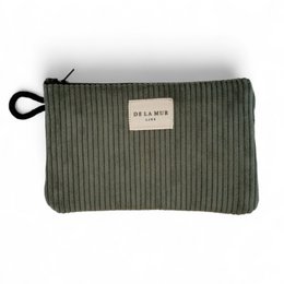  A small, olive green ribbed makeup pouch with a fabric label.