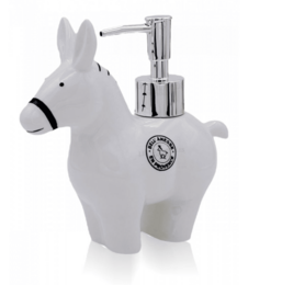  A white porcelain liquid soap dispenser in the shape of a donkey, with a chrome pump. Suitable for bathroom or kitchen use.
