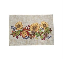  Beige gobelin placemat with sunflowers, berries, and floral pattern design.