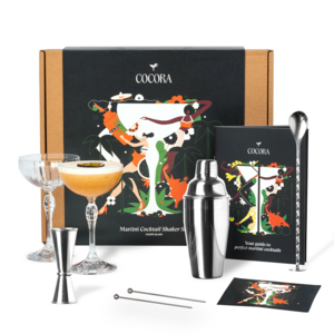 Cocora Martini Geschenkset - 8-delige RVS Cocktail Set - Cocktail Shaker - Coupe Martini Glazen - Cocktail Boek - Duurzaam