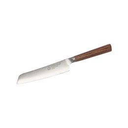 A high-quality 6-inch chef's knife with a Damascus steel blade and an amber pakkawood handle.