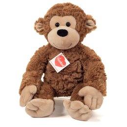 Soft, plush monkey toy in brown color with a tag. Measures 32 cm in height.