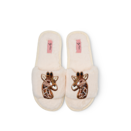  Pair of giraffe brooches, cream and pink fuzzy slippers with embroidered giraffe animal design details.
