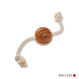 A round, orange rubber ball toy with a rope attached, designed for pet play and dental health.