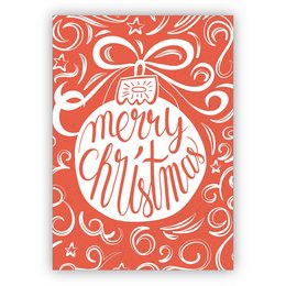 A hand-painted retro Christmas card in modern orange and red colors, featuring the text "Merry Christmas" and a decorative Christmas ball design.