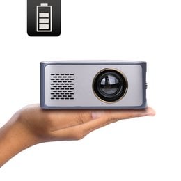 A compact, portable LED projector with a rechargeable battery for versatile use.