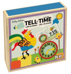 Colorful educational toy for learning to tell time, featuring a rooster and chicks with analog clocks.