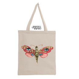 Colorful moth-like insect graphic printed on a natural or black tote bag. Durable canvas material with sturdy handles for shopping or everyday use.