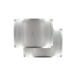  Set of 2 perforated aluminum baking sheets for cakes, with a durable and rust-resistant design. The sheets feature a perforated surface for even heat distribution and baking.