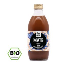 Organic Mate tea drink in a glass bottle with a blue and white label. The bottle contains a brown liquid and has a metal cap.