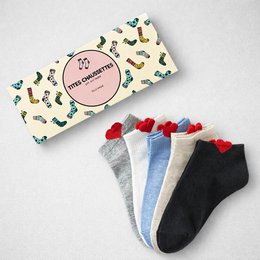  Pack of 5 little heart socks in white, black, grey, beige, and blue colors. Sizes 35-41. Soft, comfortable cotton material.