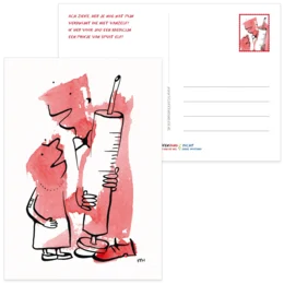 Red get well soon card with whimsical illustration of two people holding a thermometer.