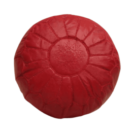 Red Moroccan pouf, round cushion with textured surface, available in red and red and white color variants, suitable for indoor and outdoor use.