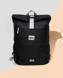  Black waterproof hemp backpack with roll-top closure, adjustable straps, and minimal branding. Suitable for outdoor activities and travel.