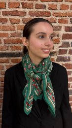  Green patterned silk scarf, lightweight, versatile neck accessory, floral design, elegant drape.