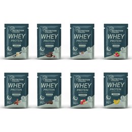 Whey protein supplement in sample package. Contains high-quality whey protein powder for muscle building and recovery.