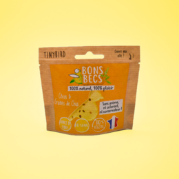 Lemon and chia seed bonbons in a yellow and brown packaging with a citrus fruit design.