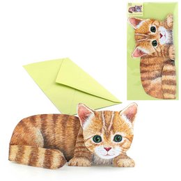 Adorable 3D card featuring a cute striped kitten with large eyes and a playful expression. The card is suitable for any occasion and would make a delightful gift.
