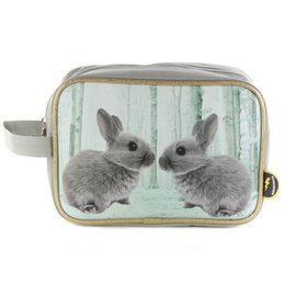  Gray and white rabbits on a mint green background. Toiletry bag for kids.