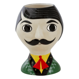 Decorative ceramic vase in the shape of a man with a mustache, featuring a green base and a red and yellow floral arrangement.

The image shows a decorative ceramic vase in the shape of a man with a mustache. The vase has a green base and features a red and yellow floral arrangement emerging from the top. This vase would be suitable for displaying in a home or office setting, adding a unique and whimsical touch to the decor.