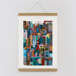Colorful abstract cityscape print featuring a vibrant mix of architectural elements and geometric shapes in a variety of hues. Suitable for wall art in modern or contemporary home decor.