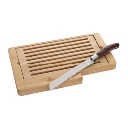  Bamboo cutting board and bread knife set from the LAGUIOLE HERITAGE brand. The set includes a rectangular bamboo cutting board with slats and a serrated bread knife.