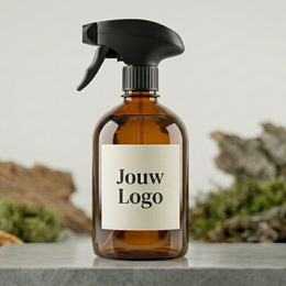  Amber glass room spray bottle with trigger sprayer, soft almond scent, minimalist design, natural aesthetic.