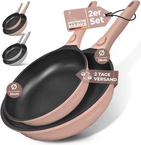 Pfannenset 24/28 cm Antihaftbeschichtung, abnehmbare Griffe, Induktion, backofenfest (rosa)