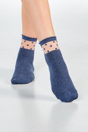 Dark blue socks with polka dot pattern.