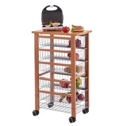 A wooden kitchen storage cart with wire mesh baskets and shelves, suitable for storing and organizing kitchen items.