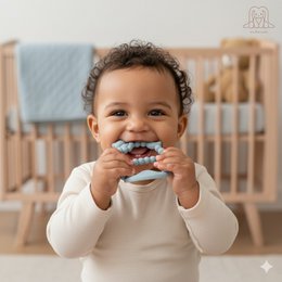  Soft silicone teether in baby blue color with star and moon shapes, designed for soothing baby's gums during teething.