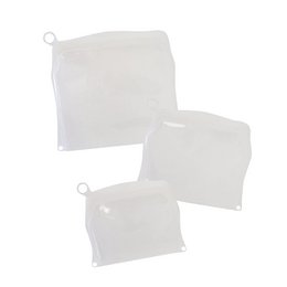 Reusable silicone pouch for grocery and freezer storage, available in 3 sizes (500 ml, 1000 ml, 1500 ml) and transparent color.