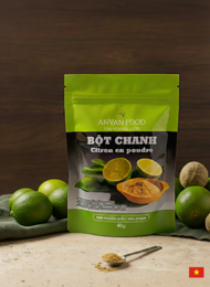 Green lime powder, bright yellow-green color, fine granular texture, spice seasoning packet, culinary ingredient.