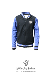 Navy blue and light blue kids' varsity jacket with a logo on the front.