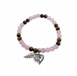 Women's bracelet with tiger eye and rose quartz beads, 6 mm in size, featuring a clover charm.