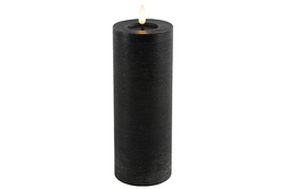 Tall, round black LED candle with a rustic finish. Measures 7.5 cm in diameter and 20 cm in height.