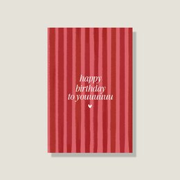 A red and pink striped postcard with the text "I love doing life with you" printed on it. The postcard appears to be a friendship or greeting card.