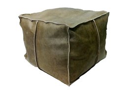 A square, olive-green ottoman with a textured, leather-like surface. The ottoman appears to be made of a durable, high-quality material and has a simple, minimalist design.